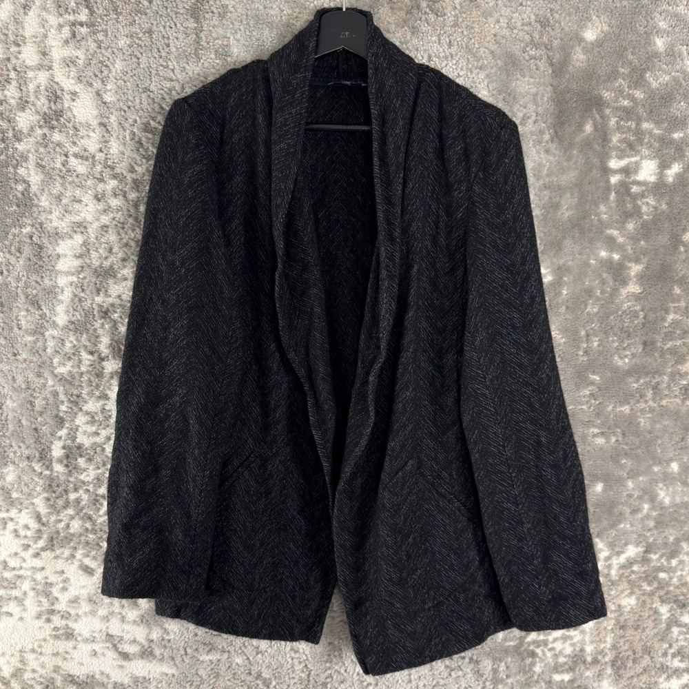 Eileen Fisher Size L Wool Blend Open Front Herringbone Cardigan Jacket Black
